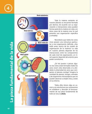 62
Lapiezafundamentaldelavida
4
Toda la materia existente en
nuestro planeta se encuentra formada
por átomos, de acuerdo con su orga-
nización e interacciones estos pueden
formar parte de la materia sin vida y en
otros casos de la materia viva, la cual
presenta una organización específica
y compleja.
Recordarás que todos los seres
vivos poseen una estructura particu-
lar y una organización definida. ¿Has
leído antes acerca de los niveles de
organización de la materia? La vida
en nuestro planeta depende de las
interacciones entre los componentes
de cada nivel de organización, un ni-
vel superior depende del anterior para
poder constituirse.
¿Te has puesto a pensar algu-
na vez cómo están formados todos los
seres vivos? ¿Has observado a tu alre-
dedor la diversidad de seres que com-
parten el planeta contigo? Imagina la
cantidad de plantas, hongos, animales
y de organismos microscópicos que no
puedes observar a simple vista, y están
en tu entorno.
Todos ellos tienen algo en co-
mún y en esta lectura nos centraremos
en establecer y describir el funciona-
miento de esa pieza fundamental de
todo ser vivo, la célula.
 
