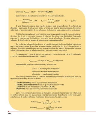 140
Entonces, Vdisolución
= 9,8 cm3
+ 473 cm3
= 482,8 cm3
Determinamos ahora la concentración de % v/v en la disolución.
% / 100soluto
disolución
Volumen
v v x
Volumen
=
3
3
9,28
% / 100%
482,8
cm
v v x
cm
= % / 2,03%v v =
2. Una disolución casera para repeler insectos está preparada con 1 cucharada de
alcanfor, 1 cucharada de cloruro de calcio y ½ taza de alcohol desnaturalizado. Queremos
saber cuál es la concentración de los solutos en el disolvente para preparar otras cantidades.
Análisis: Como se planteó en el ejercicio anterior, para determinar la concentración en
términos del % v/v es necesario conocer el volumen de soluto y de disolución. Para poder
expresar el volumen de disolución es necesario sumar el volumen de cada soluto con el
volumen de disolvente. La unidad de volumen más adecuada es el cm3
.
Sin embargo, solo pudimos obtener la medida de masa de la cantidad de los solutos,
por lo que tenemos que determinar la concentración con la relación % m/v. Para obtener el
volumen de soluto conocida su masa, es necesario utilizar los valores de densidad de cada
soluto. ¿Recuerdas como se relacionan masa y volumen en esta magnitud?
Componentes: 15 g de alcanfor (1 cucharada), 15 g de cloruro de calcio (1 cucharada)
y 120 cm3
de alcohol desnaturalizado (1/2 taza).
(dcloruro de calcio
= 2,16 g/cm3
y dalcanfor
= 0,99 g/cm3
)
Identificamos los solutos, el disolvente y la disolución.
Disolución repelentedeinsec
Soluto alcanfor yclorurodecalcio
Disolvente aceitedesnaturalizado
→
→
→ tos
Indicamos y determinamos la cantidad de cada componente de la disolución (con sus
respectivas unidades), incluida la misma.
• Soluto 1(alcanfor): masa: 15 g; volumen: desconocido.
• Soluto 2 (cloruro de calcio): masa: 15 g; volumen: desconocido.
• Disolvente: masa: desconocida; volumen: 120 cm3
.
•Disolución: masa desconocida; volumen desconocido.
Como requerimos el volumen de la disolución y necesitamos conocer los volúmenes
de ambos solutos, para ello buscamos el valor de la densidad de cada uno en los textos, con
esto, la masa de ambos solutos y el concepto de densidad, los obtenemos:
3
3
15
15,15
0,99 /
alcanfor
g
Volumen cm
g cm
= =
3
3
15
6,94
2,16 /
clorurode calcio
g
Volumen cm
g cm
= =
 
