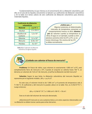 171
Fundamentalmente, lo que interesa es el conocimiento de su dilatación volumétrica, por
ello, en el caso de los líquidos únicamente se tabulan sus coeficientes de dilatación volumétrica
γ. En la tabla 22.2 tienes valores de este coeficiente de dilatación volumétrico para diversos
materiales líquidos.
Coeficiente de dilatación
volumétrica
Material γ γ (°C-1
)
Alcohol 1,1 x 10--3
Disulfuro de
Carbono
1,2 x 10-3
Glicerina 5,1 x 10-4
Mercurio 0,18 x 10-3
Petróleo 9 x 10-4
Tabla 22.2. Coeficiente de dilatación
volumétrica de algunos líquidos.
¿Sabías que...?
Algunas sustancias, en determinados
intervalos de temperatura, presentan un
comportamiento inverso, es decir, disminu-
yen de volumen cuando su temperatura se
eleva. El agua es un ejemplo, cuando su tem-
peratura aumenta entre los 0°C y 4°C, su vo-
lumen disminuye. Por encima de los 4°C
se dilata normalmente.
¿Cuidado con calentar el frasco de mercurio?
Problema: Un frasco de vidrio, cuyo volumen es exactamente 1.000 cm3
a 0°C, está
completamente lleno de mercurio a 0°C. Cuando el conjunto se calienta hasta 100 °C, se
derrama un volumen de 15,0 cm3
de mercurio. ¿Cuál fue la dilatación real del mercurio?
Solución: Según lo que leíste, la dilatación volumétrica del mercurio (líquido) se
representa por el siguiente modelo: ∆VHg = γHg Vo ∆ T.
En este caso, el volumen inicial es de 1.000 cm3
y el aumento de temperatura vale ∆
T=100 ºC. El coeficiente γ del mercurio lo puedes ubicar en la tabla 18.2, es: 0,18x10-3
(ºC-1
).
Luego entonces:
∆VHg = 0,18x10-3
(ºC-1
) x 1.000 cm3
x 100 ºC = 18 cm3
.
Este es el valor del volumen de mercurio derramado.
¡Advertencia! El mercurio es una sustancia tóxica y en estos aspectos relacionados con
su dilatación se deben tomar cuenta para evitar derrames.
 