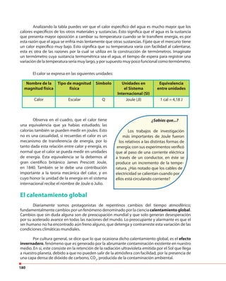 180
Analizando la tabla puedes ver que el calor específico del agua es mucho mayor que los
calores específicos de los otros materiales y sustancias. Esto significa que el agua es la sustancia
que presenta mayor oposición a cambiar su temperatura cuando se le transfiere energía, es por
esta razón que el agua se enfría más lentamente que otras sustancias. Fíjate que el mercurio tiene
un calor específico muy bajo. Esto significa que su temperatura varía con facilidad al calentarse,
esta es otra de las razones por la cual se utiliza en la construcción de termómetros. Imagínate
un termómetro cuya sustancia termométrica sea el agua, el tiempo de espera para registrar una
variación de la temperatura sería muy largo, y por supuesto muy poco funcional como termómetro.
El calor se expresa en las siguientes unidades:
Nombre de la
magnitud física
Tipo de magnitud
física
Símbolo Unidades en
el Sistema
Internacional (SI)
Equivalencia
entre unidades
Calor Escalar Q Joule (Jl) 1 cal = 4,18 J
Observa en el cuadro, que el calor tiene
una equivalencia que ya habías estudiado, las
calorías también se pueden medir en joules. Esto
no es una casualidad, si recuerdas el calor es un
mecanismo de transferencia de energía, por lo
tanto dada esta relación entre calor y energía, es
normal que el calor se pueda medir en unidades
de energía. Esta equivalencia se la debemos al
gran científico británico James Prescott Joule,
en 1840. También se le debe una contribución
importante a la teoría mecánica del calor, y en
cuyo honor la unidad de la energía en el sistema
internacional recibe el nombre de Joule o Julio.
El calentamiento global
Diariamente somos protagonistas de repentinos cambios del tiempo atmosférico;
fundamentalmente cambios por un fenómeno denominado por la ciencia calentamiento global.
Cambios que sin duda alguna son de preocupación mundial y que solo generan desesperación
por su acelerado avance en todas las naciones del mundo. Lo preocupante y alarmante es que el
ser humano no ha encontrado aún freno alguno, que detenga y contrarreste esta variación de las
condiciones climáticas mundiales.
Por cultura general, se dice que lo que ocasiona dicho calentamiento global, es el efecto
invernadero, fenómeno que es generado por la abrumante contaminación existente en nuestro
medio. En sí, este consiste en la retención de la radiación ultravioleta emitida por el Sol que llega
a nuestro planeta, debido a que no pueden salir de la atmósfera con facilidad, por la presencia de
una capa densa de dióxido de carbono, CO2
, producida de la contaminación ambiental.
¿Sabías que...?
Los trabajos de investigación
más importantes de Joule fueron
los relativos a las distintas formas de
energía; con sus experimentos verificó
que al paso de una corriente eléctrica
a través de un conductor, en éste se
produce un incremento de la tempe-
ratura. ¿Has notado que los cables de
electricidad se calientan cuando por
ellos está circulando corriente?
 