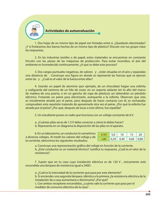 205
Actividades de autoevaluación
1. Dos hojas de un mismo tipo de papel son frotadas entre sí. ¿Quedarán electrizadas?
¿Y si frotáramos dos barras hechas de un mismo tipo de plástico? Discute con tus grupo-clase
las respuestas.
2. En las industrias textiles o de papel, estos materiales se encuentran en constante
fricción con las piezas de las máquinas de producción. Para evitar incendios, el aire del
ambiente es humedecido continuamente. ¿A qué se debe este proceso?
3. Dos cargas puntuales negativas, de valores y , están situadas en el aire y separadas
una distancia de . Construye una figura en donde se represente las fuerzas que se ejercen
entre las y . ¿Cuál es el valor de la fuerza entre ellas?
4. Usando un papel de aluminio (por ejemplo, de un chocolate) hagan una esferita
y cuélguenla del extremo de un hilo de coser, en un soporte aislante (en lo alto del marco
de madera de una puerta, o en un gancho de ropa de plástico); así obtendrán un péndulo
eléctrico. Frotando un peine para electrizarlo, acérquenlo a la esferita. Observen que esta
es inicialmente atraída por el peine, pero después de hacer contacto con él, es rechazada;
comprueben esta repulsión tratando de aproximarle otra vez el peine. ¿Por qué la esferita fue
atraída por el peine? ¿Por qué, después de tocar a este último, fue repelida?
5. Un estudiante posee un radio que funciona con un voltaje constante de 6 V.
a. ¿Cuántas pilas secas de 1,5 V debe conectar y cómo lo debes hacer?
b. Representa en un diagrama la disposición de las pilas en el aparato.
7. Supón que en tu casa cuya instalación eléctrica es de 120 V , únicamente está
encendida una lámpara de resistencia igual a 240Ω .
a. ¿Cuál es la intensidad de la corriente que pasa por este elemento?
b. Si enciendes una segunda lámpara, idéntica a la primera ¿la resistencia eléctrica de la
instalación de a casa aumentaría o disminuiría? ¿Por qué?
c. Con ambos receptores encendidos, ¿cuánto vale la corriente que pasa por el
medidor de consumo eléctrico de la casa?
V (V) 5,0 10 15 20
I (A) 0,20 0,40 0,60 0,80
6. En un laboratorio, un conductor lo sometimos
a diversos voltajes. Al medir los valores del voltaje y de
la corriente, obtuvimos los siguientes resultados:
a. Construye una representación gráfica del voltaje en función de la corriente.
b. ¿Este conductor es un material óhmico? Justifica tu respuesta. ¿Cuál es el valor de la
resistencia?
 
