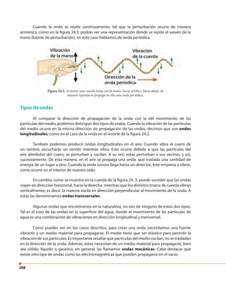 208
Cuando la onda se repite continuamente, tal que la perturbación ocurre de manera
armónica, como en la figura 24.3; podrás ver una representación donde se repite el vaivén de la
mano (fuente de perturbación), en este caso hablamos de onda periódica.
Tipos de ondas
Al comparar la dirección de propagación de la onda con la del movimiento de las
partículas del medio, podemos distinguir dos tipos de ondas. Cuando la vibración de las partículas
del medio ocurre en la misma dirección de propagación de las ondas, decimos que son ondas
longitudinales; como en el caso de la onda en el resorte de la figura 24.2.
También podemos producir ondas longitudinales en el aire. Cuando vibra el cuero de
un tambor, escucharás un sonido mientras vibra. Esto ocurre debido a que las partículas del
aire alrededor del cuero, se perturban y oscilan. A su vez, estas perturban a sus vecinas, y así,
sucesivamente. De esta manera, en el aire se propaga una onda, que traslada una cantidad de
energía de un lugar a otro. Cuando la onda sonora llega hasta un detector, éste empieza a vibrar,
como ocurre en el interior de nuestro oído.
Figura 24.3. Al mover una cuerda tensa con la mano, hacia arriba y hacia abajo, de
manera repetida se propaga en ella una onda periódica.
En cambio, como se muestra en la cuerda de la figura 24. 3, puede suceder que las ondas
viajen en dirección horizontal, hacia la derecha, mientras que los distintos trozos de cuerda vibran
verticalmente; es decir, la materia oscila en dirección perpendicular al movimiento de la onda. A
estas las denominamos ondas transversales.
Algunas ondas que encontramos en la naturaleza, no son de ninguno de estos dos tipos.
Tal es el caso de las ondas en la superficie del agua, donde el movimiento de las partículas de
agua es una combinación de vibraciones en dirección longitudinal y transversal.
Como puedes ver en los casos descritos, para crear una onda necesitamos una fuente
vibrante y un medio material para propagarse. El medio tiene que ser elástico para permitir la
vibración de sus partículas. Es importante resaltar que partículas del medio oscilan, no se trasladan
en la dirección de la onda. Además, estas necesitan de un medio material para propagarse, bien
sea sólido, líquido o gaseoso, en general, las llamamos ondas mecánicas. Cabe destacar que
existe otro tipo de ondas como las electromagnéticas que pueden propagarse en el vacío.
 