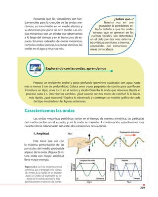 209
¿Sabías que...?
Nuestra voz en una
grabación la percibimos ex-
traña debido a que las ondas
sonoras que se generan en las
cuerdas vocales, son detectadas
en el oído por dos vías: externa,
trasmitidas por el aire, e interna,
conducidas por estructuras
óseas de la cabeza.
Recuerda que las vibraciones son fun-
damentales para la creación de las ondas me-
cánicas, su transmisión en un medio elástico y
su detección por parte de otro medio. Las on-
das mecánicas son un efecto que observamos
a lo largo del tiempo y en el transcurso de es-
pacio. Estamos rodeados de ondas mecánicas,
como las ondas sonoras, las ondas sísmicas, las
ondas en el agua y muchas más.
Prepara un recipiente ancho y poco profundo (ponchera cuadrada) con agua hasta
más o menos 5 cm de profundidad. Coloca unos trozos pequeños de corcho para que floten.
Introduce un lápiz, unos 2 cm en el centro y sácalo Describe la onda que observas. Repite el
proceso cada 2 s. Describe los cambios. ¿Qué sucede con los trozos de corcho? Si lo haces
más rápido, ¿qué sucederá? Explica lo observado y construye un modelo gráfico de cada
del tipo mostrado en las figuras anteriores.
Explorando con las ondas, aprendemos
Caractericemos las ondas
Las ondas mecánicas periódicas varían en el tiempo de manera armónica, las partículas
del medio oscilan en el espacio, y asi la onda se trasmite. A continuación, estudiaremos tres
características relacionadas con estas dos variaciones de las ondas.
1. Amplitud.
Esta tiene que ver con
la máxima perturbación de las
partículas del medio producida
al paso de la onda. (Figura 24.4).
Una onda con mayor amplitud
lleva mayor energía.
Figura 24.4. (a) Una onda transversal
armónica que se propaga en la cuerda.
(b) Forma de la cuerda en un instante
dado. (c) Gráfico de la posición de un
punto de la cuerda que sube y baja
periódicamente en función del tiempo.
 