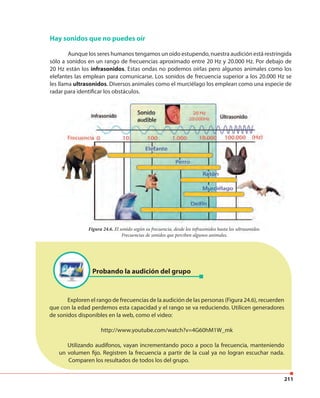 211
Hay sonidos que no puedes oír
Aunque los seres humanos tengamos un oído estupendo, nuestra audición está restringida
sólo a sonidos en un rango de frecuencias aproximado entre 20 Hz y 20.000 Hz. Por debajo de
20 Hz están los infrasonidos. Estas ondas no podemos oírlas pero algunos animales como los
elefantes las emplean para comunicarse. Los sonidos de frecuencia superior a los 20.000 Hz se
les llama ultrasonidos. Diversos animales como el murciélago los emplean como una especie de
radar para identificar los obstáculos.radar para identificar los obstáculos.
Figura 24.6. El sonido según su frecuencia, desde los infrasonidos hasta los ultrasonidos.
Frecuencias de sonidos que perciben algunos animales.
Exploren el rango de frecuencias de la audición de las personas (Figura 24.6), recuerden
que con la edad perdemos esta capacidad y el rango se va reduciendo. Utilicen generadores
de sonidos disponibles en la web, como el video:
http://www.youtube.com/watch?v=4G60hM1W_mk
Utilizando audífonos, vayan incrementando poco a poco la frecuencia, manteniendo
un volumen fijo. Registren la frecuencia a partir de la cual ya no logran escuchar nada.
Comparen los resultados de todos los del grupo.
Probando la audición del grupo
 