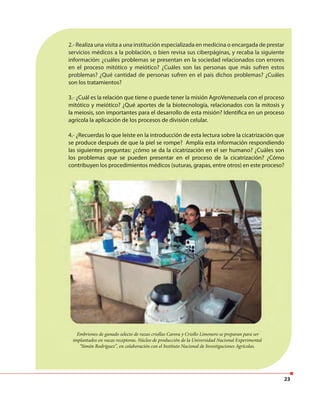 23
2.- Realiza una visita a una institución especializada en medicina o encargada de prestar
servicios médicos a la población, o bien revisa sus ciberpáginas, y recaba la siguiente
información: ¿cuáles problemas se presentan en la sociedad relacionados con errores
en el proceso mitótico y meiótico? ¿Cuáles son las personas que más sufren estos
problemas? ¿Qué cantidad de personas sufren en el país dichos problemas? ¿Cuáles
son los tratamientos?
3.- ¿Cuál es la relación que tiene o puede tener la misión AgroVenezuela con el proceso
mitótico y meiótico? ¿Qué aportes de la biotecnología, relacionados con la mitosis y
la meiosis, son importantes para el desarrollo de esta misión? Identifica en un proceso
agrícola la aplicación de los procesos de división celular.
4.- ¿Recuerdas lo que leíste en la introducción de esta lectura sobre la cicatrización que
se produce después de que la piel se rompe? Amplía esta información respondiendo
las siguientes preguntas: ¿cómo se da la cicatrización en el ser humano? ¿Cuáles son
los problemas que se pueden presentar en el proceso de la cicatrización? ¿Cómo
contribuyen los procedimientos médicos (suturas, grapas, entre otros) en este proceso?
Embriones de ganado selecto de razas criollas Carora y Criollo Limonero se preparan para ser
implantados en vacas receptoras. Núcleo de producción de la Universidad Nacional Experimental
“Simón Rodríguez”, en colaboración con el Instituto Nacional de Investigaciones Agrícolas.
23
son los tratamientos?
3.- ¿Cuál es la relación que tiene o puede tener la misión AgroVenezuela con el proceso
mitótico y meiótico? ¿Qué aportes de la biotecnología, relacionados con la mitosis y
la meiosis, son importantes para el desarrollo de esta misión? Identifica en un proceso
agrícola la aplicación de los procesos de división celular.
4.- ¿Recuerdas lo que leíste en la introducción de esta lectura sobre la cicatrización que
se produce después de que la piel se rompe? Amplía esta información respondiendo
las siguientes preguntas: ¿cómo se da la cicatrización en el ser humano? ¿Cuáles son
los problemas que se pueden presentar en el proceso de la cicatrización? ¿Cómo
contribuyen los procedimientos médicos (suturas, grapas, entre otros) en este proceso?
Embriones de ganado selecto de razas criollas Carora y Criollo Limonero se preparan para ser
implantados en vacas receptoras. Núcleo de producción de la Universidad Nacional Experimental
“Simón Rodríguez”, en colaboración con el Instituto Nacional de Investigaciones Agrícolas.
 