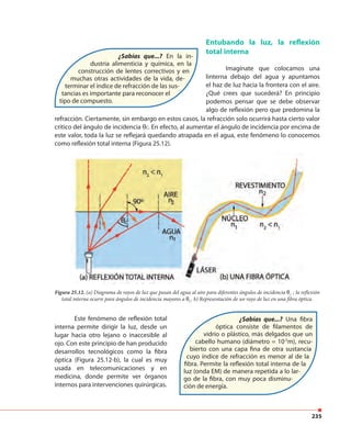 235
¿Sabías que...? En la in-
dustria alimenticia y química, en la
construcción de lentes correctivos y en
muchas otras actividades de la vida, de-
terminar el índice de refracción de las sus-
tancias es importante para reconocer el
tipo de compuesto.
Entubando la luz, la reflexión
total interna
Imagínate que colocamos una
linterna debajo del agua y apuntamos
el haz de luz hacia la frontera con el aire.
¿Qué crees que sucederá? En principio
podemos pensar que se debe observar
algo de reflexión pero que predomina la
refracción. Ciertamente, sin embargo en estos casos, la refracción solo ocurrirá hasta cierto valor
crítico del ángulo de incidencia θC. En efecto, al aumentar el ángulo de incidencia por encima de
este valor, toda la luz se reflejará quedando atrapada en el agua, este fenómeno lo conocemos
como reflexión total interna (Figura 25.12).
Figura 25.12. (a) Diagrama de rayos de luz que pasan del agua al aire para diferentes ángulos de incidencia θi
. ; la reflexión
total interna ocurre para ángulos de incidencia mayores a θC
. b) Representación de un rayo de luz en una fibra óptica.
Este fenómeno de reflexión total
interna permite dirigir la luz, desde un
lugar hacia otro lejano o inaccesible al
ojo. Con este principio de han producido
desarrollos tecnológicos como la fibra
óptica (Figura 25.12-b), la cual es muy
usada en telecomunicaciones y en
medicina, donde permite ver órganos
internos para intervenciones quirúrgicas.
¿Sabías que...? Una fibra
óptica consiste de filamentos de
vidrio o plástico, más delgados que un
cabello humano (diámetro = 10-5
m), recu-
bierto con una capa fina de otra sustancia
cuyo índice de refracción es menor al de la
fibra. Permite la reflexión total interna de la
luz (onda EM) de manera repetida a lo lar-
go de la fibra, con muy poca disminu-
ción de energía.
 