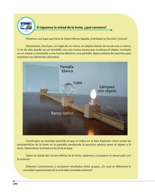 244
Tenemos una lupa que tiene la mitad inferior tapada ¿Cambiará su función? ¿Cómo?
Necesitarán: Una lupa, un regla de un metro, un objeto-fuente de luz de más o menos
3 cm de alto, puede ser un bombillo con una marca oscura que sustituya al objeto, montada
en un sócate y conectado a una fuente eléctrica, una pantalla, algún sistema de soportes para
mantener los elementos alineados.
Construyan un montaje parecido al que se indica en la foto. Exploren cómo varían las
características de la lente en la pantalla cambiando la posición relativa entre el objeto y la
lente. Determinen la distancia focal de la lupa.
Tapen la mitad del círculo inferior de la lente, exploren y comparen lo observado con
lo anterior.
Elaboren conclusiones y comparen resultados entre grupos. ¿En qué se diferencia la
actividad experimental de la actividad simulada anterior?
Si tapamos la mitad de la lente, ¿qué veremos?
 