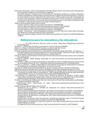 255
• Interactive Simulations. (2011) Universidad de Colorado. [Página web en línea] http://phet.colorado.edu/
en/simulations/category/new. Simulaciones sugeridas:
Densidad. (Density) / Concentración. (Concentration) / Reactantes, productos y residuos. (Reactants,
productsandleftovers)/Balanceandoecuacionesquímicas.(Balancingchemicalequations)/Construir
un átomo (Build an atom) / Visión del color (Color vision) / Ondas acústicas (Sound) / Propiedades de
los gases (Gas properties) / Efecto invernadero (Green house) / Kit de construcción de circuitos CC
(circuit construction kit DC) / Circuitos de resistencias (Battery resistor circuit) Sales y solubilidad. (Salts
& solubility) / Soluciones de azúcar y sal. (Sugar and salt solutions)
• Video en línea sugerido [Página web en línea]:
Cambios químicos: http://www.youtube.com/watch?v=VZ8SWIRs2Bg
Lectura: calor y temperatura: http://www.youtube.com/watch?v=Zv0_ZVzZ3E0
Corriente eléctrica: http://www.youtube.com/watch?v=ApCu6mVBSs0
Corriente eléctrica: http://www.youtube.com/watch?v=ySYeSiAEpiY
Energías alternativas: http://energiaslibres.wordpress.com/2011/08/16/un-video-sobre-la-energia-
que-deberia-ver-todo-el-mundo-por-favor-compartan/
Bosque de aspirina. [Página web en línea] http://www.youtube.com/watch?v=lsCuNFXtd9c&feature
=related
Referencias para las educadoras y los educadores
• ____________ (sf) 100cia Química. (Recursos varios en línea) http://www.100ciaquimica.net/temas/
tema3/index.htm
• Barberil, E. (1998) El pozo ilustrado. Cuarta edición. Caracas: Ediciones FONCIED
• Brown, T.; LeMay, H. y Bursten, B. (2001). Química. La ciencia central (7ma ed.).
[Libro en línea] http://cwx.prenhall.com/bookbind/pubbooks/blb_la/
• Consejo Argentino para la Información y el Desarrollo de la Biotecnología (ArgenBio). El Cuaderno –• •
El boletín didáctico del Programa Educativo. Por qué biotecnología. (Recurso en línea) http://www.
porquebiotecnologia.com.ar/index.php?action=cuaderno&opt=5
• Franco, A. (2010) Curso Interactivo de Física por Internet. (Recurso en línea) http://www.sc.ehu.es/sbweb/
fisica/default.htm
• Fundación CIENTEC. (2008) Biología. Disponible en: http://www.cientec.or.cr/ciencias/experimentos/
biologia.html
• Hernández, F. (2000). Los proyectos de trabajo: la necesidad de nuevas competencias para nuevas formas
de racionalidad. Educar. 26: 39-51. Disponible: ddd.uab.cat/pub/educar/0211819Xn26p39.pdf
• Herrera, E. y Sánchez, I. (2009). Unidad didáctica para abordar el concepto de célula desde la resolución
de problema por investigación. Paradigma, vol. 30, no.1, p. 63-85.
• Lacueva, A. (2008). Proyectos estudiantiles en la escuela y el liceo. Caracas: Laboratorio Educativo.
• National Human Genome Research. Institute del Mapa a Usted http://www.genome.gov/12511467
• Ramos, M., Muñoz, P. y Muñoz, M. (2010). Guía metodológica de biología. México: Benemérita Universidad
• Autónoma de Puebla. México. Disponible en: http://www.portal.buap.mx/portal_pprd/work/sites/
forobachillerato/resources/LocalContent/25/2/GUIA%20DE%20BIOLOGIA.pdf
• Vera Ramírez, N. y Bojorquez, G. (comp.) (2011). Manual de prácticas de genética. Ciudad Juárez:
Universidad Autónoma de Ciudad Juárez. México. (Documento en línea) http://www.uacj.mx/ICB/
cqb/licenciaturaenbiolog%C3%ADa/Documents/Manuales/avanzado/GENETICA.pdf
• Victoria, V. (sf) El blog de profesor jano. (Recursos de ciencias en línea). http://profesorjano.org/fisiologia-
y-anatomia/genetica-molecular/
• Visionlearning (2012) (Documentos en línea) http://www.visionlearning.com/library/cat_view.
php?cid=49&l=s
• Videos en línea sugerida [Página web en línea]:
Clasificación de la materia y métodos de separación de mezclas http://www.youtube.com/
watch?v=ndA5gKlpWbc
Técnicas básicas de laboratorio: destilación. 2012 http://www.youtube.com/watch?v=cocwhLBtJGg
Técnicas básicas de laboratorio: extracción. 2012 http://www.youtube.com/watch?v=ixSj9Tx3Fvo
Técnicas básicas de laboratorio: filtración. 2012 http://www.youtube.com/watch?v=CYezaEehK-E
Técnicas básicas de laboratorio: centrifugación. 2012 http://www.youtube.com/watch?v=LWZMmCg
C5rQ&feature=relmfu
Introducción a la química: tipos de reacciones. (Introducing Chemistry: types of chemical change)
[Página web en línea] http://www.youtube.com/watch?v=VZ8SWIRs2Bg
Técnicas básicas de laboratorio: reacciones químicas. 2012 http://www.youtube.com/watch?v=P4Gd
Cd0OyYY&feature=relmfu
La importancia de los enlaces químicos. http://www.youtube.com/watch?v=wDnTVxN4vy0
 