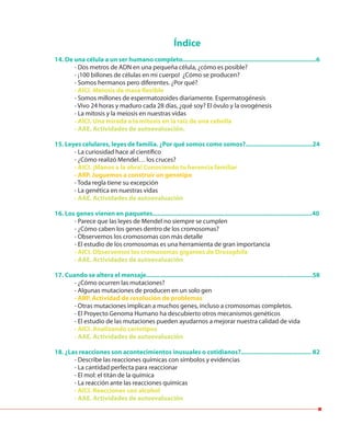Índice
14. De una célula a un ser humano completo..............................................................................6
- Dos metros de ADN en una pequeña célula, ¿cómo es posible?
- ¡100 billones de células en mi cuerpo! ¿Cómo se producen?
- Somos hermanos pero diferentes. ¿Por qué?
- AICI. Meiosis de masa flexible
- Somos millones de espermatozoides diariamente. Espermatogénesis
- Vivo 24 horas y maduro cada 28 días, ¿qué soy? El óvulo y la ovogénesis
- La mitosis y la meiosis en nuestras vidas
- AICI. Una mirada a la mitosis en la raíz de una cebolla
- AAE. Actividades de autoevaluación.
15. Leyes celulares, leyes de familia. ¿Por qué somos como somos?.......................................24
- La curiosidad hace al científico
- ¿Cómo realizó Mendel… los cruces?
- AICI. ¡Manos a la obra! Conociendo tu herencia familiar
- ARP. Juguemos a construir un genotipo
- Toda regla tiene su excepción
- La genética en nuestras vidas
- AAE. Actividades de autoevaluación
16. Los genes vienen en paquetes.............................................................................................40
- Parece que las leyes de Mendel no siempre se cumplen
- ¿Cómo caben los genes dentro de los cromosomas?
- Observemos los cromosomas con más detalle
- El estudio de los cromosomas es una herramienta de gran importancia
- AICI. Observemos los cromosomas gigantes de Drosophila
- AAE. Actividades de autoevaluación
17. Cuando se altera el mensaje.................................................................................................58
- ¿Cómo ocurren las mutaciones?
- Algunas mutaciones de producen en un solo gen
- ARP. Actividad de resolución de problemas
- Otras mutaciones implican a muchos genes, incluso a cromosomas completos.
- El Proyecto Genoma Humano ha descubierto otros mecanismos genéticos
- El estudio de las mutaciones pueden ayudarnos a mejorar nuestra calidad de vida
- AICI. Analizando cariotipos
- AAE. Actividades de autoevaluación
18. ¿Las reacciones son acontecimientos inusuales o cotidianos?......................................... 82
- Describe las reacciones químicas con símbolos y evidencias
- La cantidad perfecta para reaccionar
- El mol: el titán de la química
- La reacción ante las reacciones químicas
- AICI. Reacciones con alcohol
- AAE. Actividades de autoevaluación
 