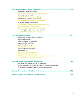 24. El sonido: cuando algo vibra, algo suena..........................................................................206
- Lo que vibra perturba al medio
- AICI. Explorando con las ondas, aprendamos
- Caractericemos las ondas
- AICI. Probando la audición del grupo
- ¿Rápido o lento? Depende del medio
- ARP. Aprendamos a resolver un problema
- ¿Cómo se comportan las ondas?
- AICI. Midiendo la velocidad del sonido en el aire
- AICI. Trabajando con simulaciones
- AICI. Un mapa de ruidos de la comunidad
- Beneficios y riesgos con las ondas sonoras
- AAE. Actividades de autoevaluación
25. Sin luz es imposible ver......................................................................................................224
- El ministerio de la luz: ¿onda o particular?
- La luz en movimiento
- La luz se propaga en línea recta
- Los cuerpos frente a la luz
- Fenómenos luminosos
- ARP. Mezcla con un trompo
- Lente e instrumentos ópticos
- El valor de la luz
- AICI. ¡Oh! ¡Cuantas imágenes!
- AICI. Jugando con simuladores
- AICI. Si tapamos la mitad de la lente, ¿qué veremos?
- AAE. Actividades de autoevaluación
Algo más para saber sobre ciencia y tecnología.....................................................................246
- Fruto vivas: una arquitectura ecológica y social
- Arístides Bastidas: pionero del periodismo científico en Venezuela
- Mesas Técnicas de agua: escuelas de corresponsabilidad
Fuentes de consulta para las y los estudiantes.......................................................................254
Referencias para las educadoras y los educadores.................................................................255
 