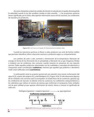 84
Así como interpretas a diario las señales de tránsito (cruzando por el rayado, disminuyendo
la velocidad cuando la luz del semáforo cambia al color amarillo, …), las ecuaciones químicas
tienen significado, por lo tanto, ellas aportan información acerca de los reactivos, las condiciones
de reacción y los productos.
Figura 18.3. (a) Cruce en el rayado. (b) Interpretación de símbolos viales.
Cuando las reacciones químicas se llevan a cabo, producen una serie de hechos visibles
que permiten identificar, inferir o descartar reactivos o productos según su comportamiento.
Los cambios de color u olor, aumento o disminución de la temperatura, liberación de
energía en forma de luz, formación de un precipitado o liberación de un gas (fragancia, fetidez
o inodoro) son las evidencias más comunes cuando estamos en presencia de una reacción
química. Todas aquellas evidencias relacionadas con las cualidades y naturaleza de elementos y
compuestos serán consideradas cualitativas, mientras que aquellas que podemos o decidimos
medir serán calificadas como cuantitativas.
A continuación verás la ecuación química de una reacción muy común, la formación del
agua (H2
O), a partir del oxígeno (O2
) y del hidrógeno (H2
) (Figura 18.4). En ella observarás algunos
de los símbolos más comunes que la acompañan: el estado físico de las sustancias, gaseoso (g),
las condiciones de reacción, la relación entre las sustancias, los coeficientes estequiométricos y
los subíndices que indican el número de átomos que conforman el compuesto. Estos símbolos
son de gran utilidad ya que aportan información de interés. Vamos a conocer el significado de
cada uno.
Figura 18.4. Elementos que conforman las ecuaciones químicas.
Hidrógeno (gaseoso) + oxígeno (gaseoso) agua (gaseosa)
 