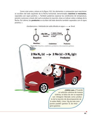 85
Como viste antes y ahora en la figura 18.5, los elementos o compuestos que reaccionan
se escriben del lado izquierdo de la flecha horizontal, denominados reactivos o reactantes,
separados con signo positivo, +. También podemos expresar las condiciones de temperatura,
presión o proceso a través del cual se produce la reacción, éstas se indican sobre o debajo de la
flecha. Por último, los productos se escriben del lado derecho también separados con el signo
positivo, +.
Figura 18.5. Reactivos, condiciones y productos en las ecuaciones químicas.Figura 18.5. Reactivos, condiciones y productos en las ecuaciones químicas.
¿Sabías que...? Cuando
un vehículo colisiona de manera
violenta, la bolsa de aire se expande
con nitrógeno liberado como produc-
to de la reacción de descomposición de
la azida (NaN3
). Unos 10g de este com-
puesto pueden generar 5L de nitró-
geno gaseoso.
clorobenceno + hidróxido de sodio diluido en agua fenol
 