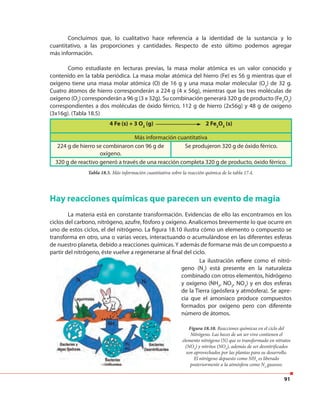 91
4 Fe (s) + 3 O2
(g) 2 Fe2
O3
(s)
Más información cuantitativa
224 g de hierro se combinaron con 96 g de
oxígeno.
Se produjeron 320 g de óxido férrico.
320 g de reactivo generó a través de una reacción completa 320 g de producto, óxido férrico.
Concluimos que, lo cualitativo hace referencia a la identidad de la sustancia y lo
cuantitativo, a las proporciones y cantidades. Respecto de esto último podemos agregar
más información.
Como estudiaste en lecturas previas, la masa molar atómica es un valor conocido y
contenido en la tabla periódica. La masa molar atómica del hierro (Fe) es 56 g mientras que el
oxígeno tiene una masa molar atómica (O) de 16 g y una masa molar molecular (O2
) de 32 g.
Cuatro átomos de hierro corresponderán a 224 g (4 x 56g), mientras que las tres moléculas de
oxígeno (O2
) corresponderán a 96 g (3 x 32g). Su combinación generará 320 g de producto (Fe2
O3
)
correspondientes a dos moléculas de óxido férrico, 112 g de hierro (2x56g) y 48 g de oxígeno
(3x16g). (Tabla 18.5)
Hay reacciones químicas que parecen un evento de magia
La materia está en constante transformación. Evidencias de ello las encontramos en los
ciclos del carbono, nitrógeno, azufre, fósforo y oxígeno. Analicemos brevemente lo que ocurre en
uno de estos ciclos, el del nitrógeno. La figura 18.10 ilustra cómo un elemento o compuesto se
transforma en otro, una o varias veces, interactuando o acumulándose en las diferentes esferas
de nuestro planeta, debido a reacciones químicas. Y además de formarse más de un compuesto a
partir del nitrógeno, éste vuelve a regenerarse al final del ciclo.
Tabla 18.5. Más información cuantitativa sobre la reacción química de la tabla 17.4.
La ilustración refiere como el nitró-
geno (N2
) está presente en la naturaleza
combinado con otros elementos, hidrógeno
y oxígeno (NH3
, NO2
, NO3
) y en dos esferas
de la Tierra (geósfera y atmósfera). Se apre-
cia que el amoniaco produce compuestos
formados por oxígeno pero con diferente
número de átomos.
Figura 18.10. Reacciones químicas en el ciclo del
Nitrógeno. Las heces de un ser vivo contienen el
elemento nitrógeno (N) que es transformado en nitratos
(NO3
) y nitritos (NO2
), además de ser desnitrificados
son aprovechados por las plantas para su desarrollo.
El nitrógeno depuesto como NH3
es liberado
posteriormente a la atmósfera como N2
gaseoso.
 