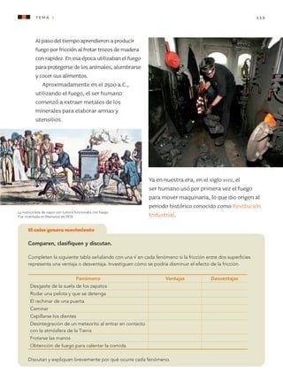 115
Alpasodeltiempoaprendieronaproducir
fuegoporfricciónalfrotartrozosdemadera
conrapidez.Enesaépocautilizabanelfuego
paraprotegersedelosanimales,alumbrarse
ycocersusalimentos.
Aproximadamente en el 2500 a.C.,
utilizando el fuego, el ser humano
comenzó a extraer metales de los
minerales para elaborar armas y
utensilios.
Ya en nuestra era, en el siglo xviii, el
ser humano usó por primera vez el fuego
para mover maquinaria, lo que dio origen al
periodo histórico conocido como Revolución
Industrial.
tema 3
La motocicleta de vapor con turbina funcionaba con fuego.
Fue inventada en Alemania en 1818.
El calor genera movimiento
Comparen, clasifiquen y discutan.
Completen la siguiente tabla señalando con una √ en cada fenómeno si la fricción entre dos superficies
representa una ventaja o desventaja. Investiguen cómo se podría disminuir el efecto de la fricción.
Fenómeno Ventajas Desventajas
Desgaste de la suela de los zapatos
Rodar una pelota y que se detenga
El rechinar de una puerta
Caminar
Cepillarse los dientes
Desintegración de un meteorito al entrar en contacto
con la atmósfera de la Tierra
Frotarse las manos
Obtención de fuego para calentar la comida
Discutan y expliquen brevemente por qué ocurre cada fenómeno.
AB-CN-4-P-074-160.indd 115 25/11/11 13:59
 