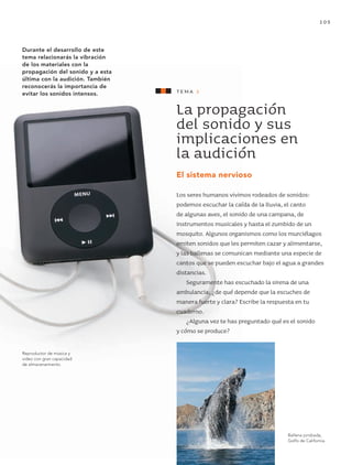 105
Durante el desarrollo de este
tema relacionarás la vibración
de los materiales con la
propagación del sonido y a esta
última con la audición. También
reconocerás la importancia de
evitar los sonidos intensos. tema 1
La propagación
del sonido y sus
implicaciones en
la audición
El sistema nervioso
Los seres humanos vivimos rodeados de sonidos:
podemos escuchar la caída de la lluvia, el canto
de algunas aves, el sonido de una campana, de
instrumentos musicales y hasta el zumbido de un
mosquito. Algunos organismos como los murciélagos
emiten sonidos que les permiten cazar y alimentarse,
y las ballenas se comunican mediante una especie de
cantos que se pueden escuchar bajo el agua a grandes
distancias.
Seguramente has escuchado la sirena de una
ambulancia; ¿de qué depende que la escuches de
manera fuerte y clara? Escribe la respuesta en tu
cuaderno.
¿Alguna vez te has preguntado qué es el sonido
y cómo se produce?
Ballena jorobada,
Golfo de California.
Reproductor de música y
video con gran capacidad
de almacenamiento.
AB-CN-5-P-001-160.indd 105 22/11/11 17:51
 