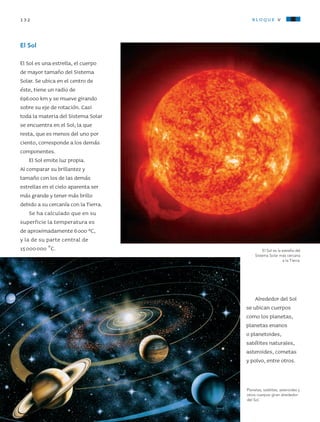 132 bloque v
Alrededor del Sol
se ubican cuerpos
como los planetas,
planetas enanos
o planetoides,
satélites naturales,
asteroides, cometas
y polvo, entre otros.
El Sol
El Sol es una estrella, el cuerpo
de mayor tamaño del Sistema
Solar. Se ubica en el centro de
éste, tiene un radio de
696000 km y se mueve girando
sobre su eje de rotación. Casi
toda la materia del Sistema Solar
se encuentra en el Sol; la que
resta, que es menos del uno por
ciento, corresponde a los demás
componentes.
El Sol emite luz propia.
Al comparar su brillantez y
tamaño con los de las demás
estrellas en el cielo aparenta ser
más grande y tener más brillo
debido a su cercanía con la Tierra.
Se ha calculado que en su
superficie la temperatura es
de aproximadamente 6000 ºC,
y la de su parte central de
15000000 °C. El Sol es la estrella del
Sistema Solar más cercana
a la Tierra.
Planetas, satélites, asteroides y
otros cuerpos giran alrededor
del Sol.
AB-CN-5-P-001-160.indd 132 22/11/11 17:51
 