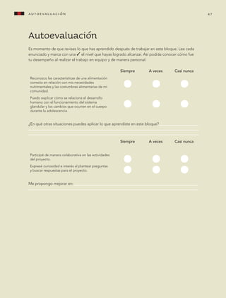 autoevaluación 47
Autoevaluación
Es momento de que revises lo que has aprendido después de trabajar en este bloque. Lee cada
enunciado y marca con una 3 el nivel que hayas logrado alcanzar. Así podrás conocer cómo fue
tu desempeño al realizar el trabajo en equipo y de manera personal.
Siempre A veces Casi nunca
Reconozco las características de una alimentación
correcta en relación con mis necesidades
nutrimentales y las costumbres alimentarias de mi
comunidad.
Puedo explicar cómo se relaciona el desarrollo
humano con el funcionamiento del sistema
glandular y los cambios que ocurren en el cuerpo
durante la adolescencia.
¿En qué otras situaciones puedes aplicar lo que aprendiste en este bloque?
Siempre A veces Casi nunca
Participé de manera colaborativa en las actividades
del proyecto.
Expresé curiosidad e interés al plantear preguntas
y buscar respuestas para el proyecto.
Me propongo mejorar en:
AB-CN-5-P-001-160.indd 47 22/11/11 17:50
 