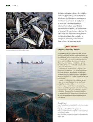 65tema 2
¿Cómo era antes?
Pregunta, compara y difunde.
Pregunta a una persona mayor cómo eran durante
su infancia la flora, la fauna, el paisaje, los cultivos, las
actividades y el tipo de construcciones en tu localidad.
A partir de la información recabada, describe
cómo es ahora el lugar donde vives. Anota las
diferencias y semejanzas entre las dos épocas.
Describe cómo se ha modificado tu comunidad
con el paso del tiempo.
Intercambien la información y lleguen a una
conclusión con respecto a las modificaciones que
ha sufrido el medio. Argumenten su respuesta.
¿Ha existido algún beneficio o daño ocasionado
por esta modificación? ¿Cuáles consideran las más
importantes?
Anota en tu diccionario las palabras nuevas
o que no comprendas y escribe su significado,
porque las volverás a utilizar.
En equipos y con la información obtenida,
realicen un cartel dirigido a la comunidad escolar.
Expongan alguna idea para preservar o mejorar
su entorno. ¿Existe alguna experiencia exitosa?
¿Cuál? Recuerda que la alteración o modificación
de uno de los elementos del ecosistema afecta
a los demás.
Consulta en...
http://www.biodiversidad.gob.mx/ninos/causas.
html
http://www.fansdelplaneta.gob.mx/
http://www.biodiversidad.gob.mx/ecosistemas/
ecosistemas.html
http://oncetv-ipn.net/naturaleza/presentacion/
index.htm
En la actualidad el número de ciudades
se ha multiplicado, y por ello también
el número de fábricas necesarias para
satisfacer la demanda de productos
y servicios. Esto ha provocado la
alteración e incluso la pérdida de
extensas áreas verdes y la disminución
o desaparición de diversas especies. Por
otra parte, los residuos que se generan
en la industria y en las ciudades se
arrojan al ambiente y contaminan
la atmósfera, el suelo y el agua.
Ecosistemas alterados por la actividad humana.
AB-CN-5-P-001-160.indd 65 22/11/11 17:50
 