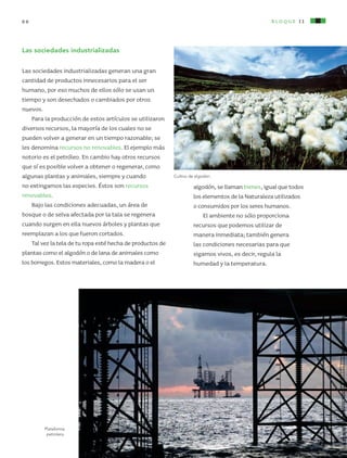 bloque II66
Las sociedades industrializadas
Las sociedades industrializadas generan una gran
cantidad de productos innecesarios para el ser
humano, por eso muchos de ellos sólo se usan un
tiempo y son desechados o cambiados por otros
nuevos.
Para la producción de estos artículos se utilizaron
diversos recursos, la mayoría de los cuales no se
pueden volver a generar en un tiempo razonable; se
les denomina recursos no renovables. El ejemplo más
notorio es el petróleo. En cambio hay otros recursos
que sí es posible volver a obtener o regenerar, como
algunas plantas y animales, siempre y cuando
no extingamos las especies. Éstos son recursos
renovables.
Bajo las condiciones adecuadas, un área de
bosque o de selva afectada por la tala se regenera
cuando surgen en ella nuevos árboles y plantas que
reemplazan a los que fueron cortados.
Tal vez la tela de tu ropa esté hecha de productos de
plantas como el algodón o de lana de animales como
los borregos. Estos materiales, como la madera o el
algodón, se llaman bienes, igual que todos
los elementos de la Naturaleza utilizados
o consumidos por los seres humanos.
El ambiente no sólo proporciona
recursos que podemos utilizar de
manera inmediata; también genera
las condiciones necesarias para que
sigamos vivos, es decir, regula la
humedad y la temperatura.
Cultivo de algodón.
Plataforma
petrolera.
AB-CN-5-P-001-160.indd 66 22/11/11 17:50
 