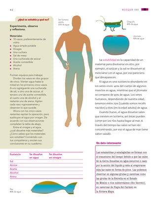 82 bloque iII
La solubilidad es la capacidad de un
material para disolverse en otro; por
ejemplo, el azúcar y la sal se disuelven al
mezclarse con el agua, por eso pareciera
que desaparecen.
El agua es una sustancia abundante en
los seres vivos: 40% del cuerpo de algunos
insectos es agua, mientras que el jitomate
se compone de 90% de agua. Los seres
humanos, dependiendo de nuestra edad,
tenemos entre 75% (cuando somos recién
nacidos) y 65% (en la edad adulta) de agua.
Cuando llueve, el agua disuelve sales
que existen en la tierra; así éstas pueden
correr por los ríos hasta llegar al mar. A
través del tiempo las sales se han ido
concentrando, por eso el agua de mar tiene
sabor salado.
¿Qué es soluble y qué no?
Experimenta, observa
y reflexiona.
Materiales
l 	 10 vasos, preferentemente de
vidrio
l 	 Agua simple potable
l 	 Vinagre
l 	 Una cuchara
l 	 Sal de mesa
l 	 Una cucharada de azúcar
l 	 Aceite comestible
l 	 Alcohol
l 	 Arena
Formen equipos para trabajar.
Dividan los vasos en dos grupos
de cinco. Viertan agua hasta la
mitad en los primeros cinco vasos.
A uno agréguenle una cucharada
de sal, a otro una de azúcar, al
tercero una de aceite comestible,
al cuarto una de alcohol y al
restante una de arena. Agiten
cada vaso vigorosamente y
observen lo que sucede.
Ahora con los cinco vasos
restantes repitan la operación, pero
sustituyan el agua por vinagre. De
acuerdo con sus observaciones
completen la tabla de abajo.
Entre el vinagre y el agua,
¿cuál disuelve más materiales?
¿Cómo sabes que los materiales
son solubles? Coméntalo con
tus compañeros y anoten sus
conclusiones en su cuaderno.
Sustancia 	 Se disuelve 	 Se disuelve
		en agua		en vinagre
Sal 		
Azúcar		
Aceite		
Alcohol		
Arena 		
Un dato interesante
Las estalactitas y estalagmitas se forman con
el transcurso del tiempo debido a que las sales
de la tierra disueltas en agua escurren o caen
por la acción del líquido y éste al evaporarse
deja las sales en forma de picos. Las podemos
observar en algunas grutas y cavernas como
las grutas de la Estrella en el Estado
de México o ríos subterráneos (Río Secreto),
en cavernas de Playa del Carmen en
la Riviera Maya.
Jitomate,
90% de agua
Ser humano
adulto,
65% de agua
Pez,
80% de agua
Chapulín,
40% de agua
R
AB-CN-5-P-001-160.indd 82 22/11/11 17:51
 