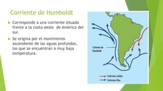 Corriente de Humboldt
 Corresponde a una corriente situada
frente a la costa oeste de América del
sur.
 Se origina por el movimiento
ascendente de las aguas profundas,
las que se encuentran a muy baja
temperatura.
 