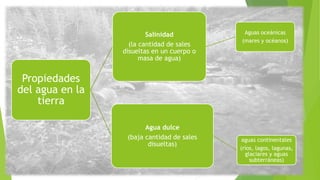Propiedades
del agua en la
tierra
Salinidad
(la cantidad de sales
disueltas en un cuerpo o
masa de agua)
Aguas oceánicas
(mares y océanos)
Agua dulce
(baja cantidad de sales
disueltas)
aguas continentales
(ríos, lagos, lagunas,
glaciares y aguas
subterráneas)
 
