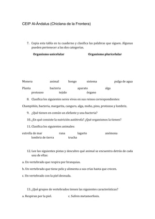 CEIP Al-Ándalus (Chiclana de la Frontera)
7. Copia esta tabla en tu cuaderno y clasifica las palabras que siguen. Algunas
pueden pertenecer a las dos categorías.
Organismo unicelular Organismo pluricelular
Monera animal hongo sistema pulga de agua
Planta bacteria aparato alga
protozoo tejido órgano
8. Clasifica los siguientes seres vivos en sus reinos correspondientes:
Champiñón, bacteria, margarita, canguro, alga, moho, pino, protozoo y lombriz.
9. ¿Qué tienen en común un elefante y una bacteria?
10. ¿En qué consiste la nutrición autótrofa? ¿Qué organismos la tienen?
11. Clasifica los siguientes animales:
estrella de mar rana lagarto anémona
lombriz de tierra trucha
12. Lee las siguientes pistas y descubre qué animal se encuentra detrás de cada
una de ellas:
a. Un vertebrado que respira por branquias.
b. Un vertebrado que tiene pelo y alimenta a sus crías hasta que crecen.
c. Un vertebrado con la piel desnuda.
13. ¿Qué grupos de vertebrados tienen las siguientes características?
a. Respiran por la piel. c. Sufren metamorfosis.
 