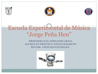 Escuela Experimental de Música “Jorge Peña Hen” PROFESOR GUÍA: FERNANDO ARAYA ALUMNA EN PRÁCTICA: NATALI MALIQUEO SECTOR:  CIENCIAS NATURALES . 