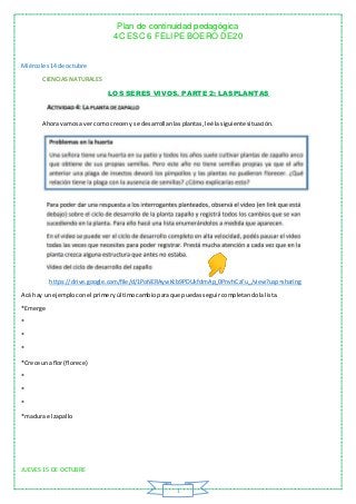 Plan de continuidad pedagógica
4C ESC 6 FELIPE BOERO DE20
1
Miércoles14 de octubre
CIENCIASNATURALES
LOS SERES VIVOS. PART...