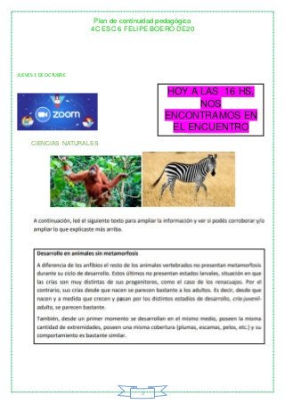 Plan de continuidad pedagógica
4C ESC 6 FELIPE BOERO DE20
2
JUEVES 1 DE OCTUBRE
CIENCIAS NATURALES
HOY A LAS 16 HS,
NOS
EN...