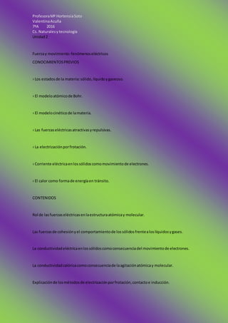 ProfesoraMª HortensiaSoto
ValentinaAcuña
7ºA 2016
Cs. Naturalesy tecnología
Unidad2
Fuerzay movimiento:fenómenoseléctricos
CONOCIMIENTOSPREVIOS
› Los estadosde la materia:sólido,líquidoygaseoso.
› El modeloatómicode Bohr.
› El modelocinéticode lamateria.
› Las fuerzaseléctricasatractivasyrepulsivas.
› La electrizaciónporfrotación.
› Corriente eléctricaenlossólidoscomomovimientode electrones.
› El calor como formade energíaen tránsito.
CONTENIDOS
Rol de lasfuerzaseléctricasenlaestructuraatómicay molecular.
Las fuerzasde cohesiónyel comportamientode lossólidosfrentealoslíquidosygases.
La conductividadeléctricaenlossólidoscomoconsecuenciadel movimientode electrones.
La conductividadcalóricacomoconsecuenciade laagitaciónatómicay molecular.
Explicaciónde losmétodosde electrizaciónporfrotación,contactoe inducción.
 