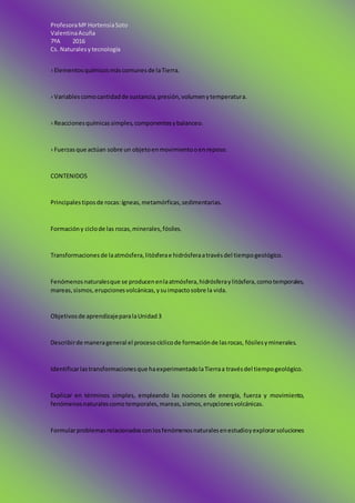 ProfesoraMª HortensiaSoto
ValentinaAcuña
7ºA 2016
Cs. Naturalesy tecnología
› Elementosquímicosmáscomunesde laTierra.
› Variablescomocantidadde sustancia,presión,volumenytemperatura.
› Reaccionesquímicassimples,componentesybalanceo.
› Fuerzasque actúan sobre un objetoenmovimientooenreposo.
CONTENIDOS
Principalestiposde rocas:ígneas,metamórficas,sedimentarias.
Formacióny ciclode las rocas,minerales,fósiles.
Transformacionesde laatmósfera,litósferae hidrósferaatravésdel tiempogeológico.
Fenómenosnaturalesque se producenenlaatmósfera,hidrósferaylitósfera,comotemporales,
mareas,sismos,erupcionesvolcánicas,ysuimpactosobre la vida.
Objetivosde aprendizajeparalaUnidad3
Describirde manerageneral el procesocíclicode formaciónde lasrocas, fósilesyminerales.
Identificarlastransformacionesque haexperimentadolaTierraa travésdel tiempogeológico.
Explicar en términos simples, empleando las nociones de energía, fuerza y movimiento,
fenómenosnaturalescomotemporales,mareas,sismos,erupcionesvolcánicas.
Formularproblemasrelacionadosconlosfenómenosnaturalesenestudioyexplorarsoluciones
 