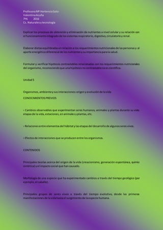 ProfesoraMª HortensiaSoto
ValentinaAcuña
7ºA 2016
Cs. Naturalesy tecnología
Explicar los procesos de obtencióny eliminación de nutrientes a nivel celular y su relación con
el funcionamientointegradode lossistemasrespiratorio,digestivo,circulatorioyrenal.
Elaborar dietasequilibradasenrelacióna los requerimientosnutricionalesde laspersonasy al
aporte energéticodiferencial de losnutrientesysuimportanciaparala salud.
Formular y verificar hipótesis contrastables relacionadas con los requerimientos nutricionales
del organismo,reconociendoque unahipótesisnocontrastablenoescientífica.
Unidad5
Organismos,ambienteysusinteracciones:origenyevoluciónde lavida
CONOCIMIENTOSPREVIOS
› Cambios observables que experimentan seres humanos, animales y plantas durante su vida:
etapasde la vida,estaciones,enanimalesyplantas,etc.
› Relacionesentre elementosdel hábitatylasetapasdel desarrollode algunosseresvivos.
› Efectosde interacciones que se producenentre losorganismos.
CONTENIDOS
Principales teorías acerca del origen de la vida (creacionismo, generación espontánea, quimio
sintética) yel impactosocial que hancausado.
Morfología de una especie que ha experimentado cambios a través del tiempo geológico (por
ejemplo, el caballo).
Principales grupos de seres vivos a través del tiempo evolutivo, desde las primeras
manifestacionesde lavidahastael surgimientode laespecie humana.
 