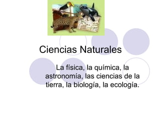 Ciencias Naturales La física, la química, la astronomía, las ciencias de la tierra, la biología, la ecología. 