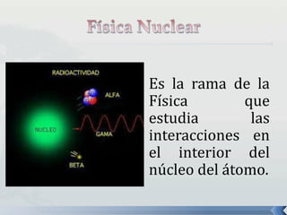 Es la rama de la
Física que
estudia las
interacciones en
el interior del
núcleo del átomo.