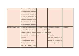 Con esta actividad mediada por
un concurso o juego se favorece
el descubrimiento del mundo en
el que se desenvuelve el
educando. Formando no solo en
las competencias del área sino
en las competencias ciudadanas.
RETROALIMENTACIÓN Se hace una corta presentación
en Power Point disertación para
concluir el tema y se escuchan
los aportes de los estudiantes
por equipo.
Y un repaso usando kahoot
Se propone tema de consulta
para la próxima clase,
Por equipo realizar
una conclusión
referente al tema
visto.
Presentación Power point.
Kahoot
Intenet.
Participación.
Y la aparte actitudinal en el
desarrollo y la entrega de
compromisos para la clase.
25 minutos.
 