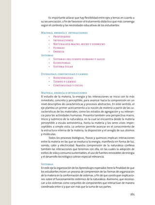 Es importante aclarar que hay ﬂexibilidad entre ejes y temas en cuanto a
su secuenciación, a ﬁn de favorecer el tratamiento didáctico que más convenga
según el contexto y las necesidades educativas de los estudiantes.
Materia, energía e interacciones
Propiedades
Energía
Sistemas
Diversidad, continuidad y cambio
Biodiversidad
Materia, energía e interacciones
El estudio de la materia, la energía y las interacciones se inicia con lo más
inmediato, concreto y perceptible, para avanzar hacia la comprensión en un
nivel descriptivo de características y procesos abstractos. En este sentido, el
eje plantea un primer acercamiento a la noción de materia a partir de las ca-
racterísticas de los materiales, como los estados de agregación y su relevan-
cia para las actividades humanas. Presenta también una perspectiva macro,
micro y submicro de la naturaleza, en la cual se encuentra desde la materia
perceptible a escala astronómica, hasta la materia y los seres vivos imper-
ceptibles a simple vista. Lo anterior permite avanzar en el conocimiento de
la estructura interna de la materia, la disposición y el arreglo de sus átomos
y moléculas.
Todos los procesos biológicos, físicos y químicos implican interacciones
entre la materia en las que se involucra la energía, maniﬁesta en forma de luz,
sonido, calor y electricidad. Nuestra comprensión de la naturaleza conlleva
también las interacciones que tenemos con ella, en las cuales la adopción de
estilos de vida y consumo sustentables, el uso de fuentes renovables de energía
y el desarrollo tecnológico cobran especial relevancia.
Sistemas
En este eje la organización de los Aprendizajes esperados tiene la ﬁnalidad de que
los estudiantes inicien un proceso de comprensión de las formas de organización
de la materia en la conformación de sistemas, a ﬁn de que construyan explicacio-
nes sobre el funcionamiento sistémico de la naturaleza. Asimismo, que reconoz-
can a los sistemas como conjuntos de componentes que interactúan de manera
coordinada entre sí y que son más que la suma de sus partes.
363
 