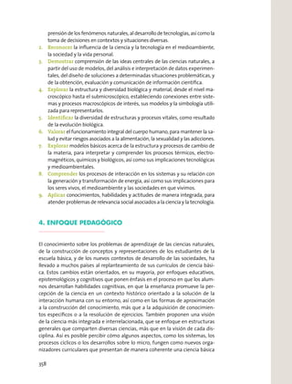 prensión de los fenómenos naturales, al desarrollo de tecnologías, así como la
toma de decisiones en contextos y situaciones diversas.
2. Reconocer la inﬂuencia de la ciencia y la tecnología en el medioambiente,
la sociedad y la vida personal.
3. Demostrar comprensión de las ideas centrales de las ciencias naturales, a
partir del uso de modelos, del análisis e interpretación de datos experimen-
tales, del diseño de soluciones a determinadas situaciones problemáticas, y
de la obtención, evaluación y comunicación de información cientíﬁca.
4. Explorar la estructura y diversidad biológica y material, desde el nivel ma-
croscópico hasta el submicroscópico, estableciendo conexiones entre siste-
mas y procesos macroscópicos de interés, sus modelos y la simbología utili-
zada para representarlos.
5. Identiﬁcar la diversidad de estructuras y procesos vitales, como resultado
de la evolución biológica.
6. Valorar el funcionamiento integral del cuerpo humano, para mantener la sa-
lud y evitar riesgos asociados a la alimentación, la sexualidad y las adicciones.
7. Explorar modelos básicos acerca de la estructura y procesos de cambio de
la materia, para interpretar y comprender los procesos térmicos, electro-
magnéticos, químicos y biológicos, así como sus implicaciones tecnológicas
y medioambientales.
8. Comprender los procesos de interacción en los sistemas y su relación con
la generación y transformación de energía, así como sus implicaciones para
los seres vivos, el medioambiente y las sociedades en que vivimos.
9. Aplicar conocimientos, habilidades y actitudes de manera integrada, para
atender problemas de relevancia social asociados a la ciencia y la tecnología.
4. ENFOQUE PEDAGÓGICO
El conocimiento sobre los problemas de aprendizaje de las ciencias naturales,
de la construcción de conceptos y representaciones de los estudiantes de la
escuela básica, y de los nuevos contextos de desarrollo de las sociedades, ha
llevado a muchos países al replanteamiento de sus currículos de ciencia bási-
ca. Estos cambios están orientados, en su mayoría, por enfoques educativos,
epistemológicos y cognitivos que ponen énfasis en el proceso en que los alum-
nos desarrollan habilidades cognitivas, en que la enseñanza promueve la per-
cepción de la ciencia en un contexto histórico orientado a la solución de la
interacción humana con su entorno, así como en las formas de aproximación
a la construcción del conocimiento, más que a la adquisición de conocimien-
tos especíﬁcos o a la resolución de ejercicios. También proponen una visión
de la ciencia más integrada e interrelacionada, que se enfoque en estructuras
generales que comparten diversas ciencias, más que en la visión de cada dis-
ciplina. Así es posible percibir cómo algunos aspectos, como los sistemas, los
procesos cíclicos o los desarrollos sobre lo micro, fungen como nuevos orga-
nizadores curriculares que presentan de manera coherente una ciencia básica
358
 