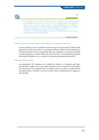 171
Es probable que no todos los grupos lleguen a enunciar esta segunda regla
contemplando todos los casos, por lo que se recomienda hacer una puesta en
común, para que entre todos revisen las reglas propuestas por los distintos
grupos, se destaquen las modificaciones introducidas a la regla inicial y se logre
una regla consensuada, que tome la forma de la antes enunciada.
En la puesta en común recomendamos proyectar la diapositiva que resume todos
los cruzamientos vistos (número 12).
Cómo ayuda esta actividad a resolver dificultades en el aprendizaje del tema
En esta actividad se pone de manifiesto el hecho de que los rasgos recesivos pueden saltar
generaciones, hecho que se opone a la concepción alternativa según la cual los caracteres se
heredan únicamente de uno u otro parental. Bajo esta concepción, en una generación dada
no podría reaparecer el carácter blanco del color de la seda, si los progenitores producían
seda amarilla (heredada, a su vez, a partir de un parental que producía seda amarilla).
Estrategias TIC utilizadas
Las herramientas TIC utilizadas son la planilla de cálculos y el programa para hacer
presentaciones. Ambas sirven como soporte interactivo para la resolución de actividades,
así como para que los estudiantes lleven un registro escrito de la clase, y puedan retomar
sus propias ideas, y revisarlas a la luz de los nuevos datos y problemas que se agregan en
esta actividad.
 