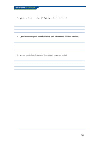 206
4. ¿Qué magnitudes van a dejar fijas? ¿Qué pasaría si no lo hicieran?
____________________________________________________________________________________
____________________________________________________________________________________
____________________________________________________________________________________
____________________________________________________________________________________
5. ¿Qué resultados esperan obtener (indiquen todos los resultados que se les ocurran)?
____________________________________________________________________________________
____________________________________________________________________________________
____________________________________________________________________________________
____________________________________________________________________________________
6. ¿A qué conclusiones los llevarían los resultados propuestos arriba?
____________________________________________________________________________________
____________________________________________________________________________________
____________________________________________________________________________________
____________________________________________________________________________________
 