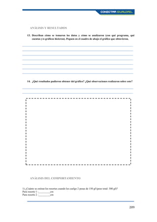 209
ANÁLISIS Y RESULTADOS
13. Describan cómo se tomaron los datos y cómo se analizaron (con qué programa, qué
cuentas y/o gráficos hicieron). Peguen en el cuadro de abajo el gráfico que obtuvieron.
____________________________________________________________________________________
____________________________________________________________________________________
____________________________________________________________________________________
____________________________________________________________________________________
____________________________________________________________________________________
____________________________________________________________________________________
____________________________________________________________________________________
14. ¿Qué resultados pudieron obtener del gráfico? ¿Qué observaciones realizaron sobre este?
____________________________________________________________________________________
____________________________________________________________________________________
ANÁLISIS DEL COMPORTAMIENTO
1) ¿Cuánto se estiran los resortes cuando les cuelgo 2 pesas de 150 gf (peso total: 300 gf)?
Para resorte 1 :_________cm
Para resorte 2 :_________cm
 