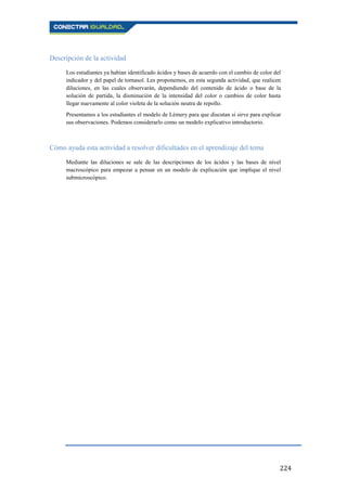 224
Descripción de la actividad
Los estudiantes ya habían identificado ácidos y bases de acuerdo con el cambio de color del
indicador y del papel de tornasol. Les proponemos, en esta segunda actividad, que realicen
diluciones, en las cuales observarán, dependiendo del contenido de ácido o base de la
solución de partida, la disminución de la intensidad del color o cambios de color hasta
llegar nuevamente al color violeta de la solución neutra de repollo.
Presentamos a los estudiantes el modelo de Lémery para que discutan si sirve para explicar
sus observaciones. Podemos considerarlo como un modelo explicativo introductorio.
Cómo ayuda esta actividad a resolver dificultades en el aprendizaje del tema
Mediante las diluciones se sale de las descripciones de los ácidos y las bases de nivel
macroscópico para empezar a pensar en un modelo de explicación que implique el nivel
submicroscópico.
 