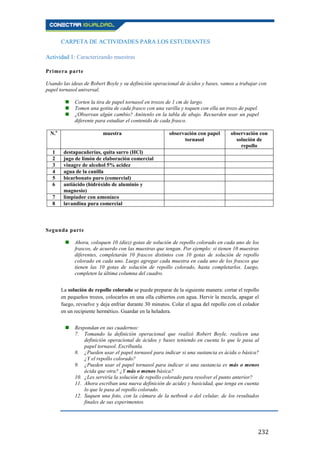 232
CARPETA DE ACTIVIDADES PARA LOS ESTUDIANTES
Actividad 1: Caracterizando muestras
Primera parte
Usando las ideas de Robert Boyle y su definición operacional de ácidos y bases, vamos a trabajar con
papel tornasol universal.
 Corten la tira de papel tornasol en trozos de 1 cm de largo.
 Tomen una gotita de cada frasco con una varilla y toquen con ella un trozo de papel.
 ¿Observan algún cambio? Anótenlo en la tabla de abajo. Recuerden usar un papel
diferente para estudiar el contenido de cada frasco.
N.o
muestra observación con papel
tornasol
observación con
solución de
repollo
1 destapacañerías, quita sarro (HCl)
2 jugo de limón de elaboración comercial
3 vinagre de alcohol 5% acidez
4 agua de la canilla
5 bicarbonato puro (comercial)
6 antiácido (hidróxido de aluminio y
magnesio)
7 limpiador con amoníaco
8 lavandina pura comercial
Segunda parte
 Ahora, coloquen 10 (diez) gotas de solución de repollo colorado en cada uno de los
frascos, de acuerdo con las muestras que tengan. Por ejemplo: si tienen 10 muestras
diferentes, completarán 10 frascos distintos con 10 gotas de solución de repollo
colorado en cada uno. Luego agregar cada muestra en cada uno de los frascos que
tienen las 10 gotas de solución de repollo colorado, hasta completarlos. Luego,
completen la última columna del cuadro.
La solución de repollo colorado se puede preparar de la siguiente manera: cortar el repollo
en pequeños trozos, colocarlos en una olla cubiertos con agua. Hervir la mezcla, apagar el
fuego, revuelve y deja enfriar durante 30 minutos. Colar el agua del repollo con el colador
en un recipiente hermético. Guardar en la heladera.
 Respondan en sus cuadernos:
7. Tomando la definición operacional que realizó Robert Boyle, realicen una
definición operacional de ácidos y bases teniendo en cuenta lo que le pasa al
papel tornasol. Escríbanla.
8. ¿Pueden usar el papel tornasol para indicar si una sustancia es ácida o básica?
¿Y el repollo colorado?
9. ¿Pueden usar el papel tornasol para indicar si una sustancia es más o menos
ácida que otra? ¿Y más o menos básica?
10. ¿Les serviría la solución de repollo colorado para resolver el punto anterior?
11. Ahora escriban una nueva definición de acidez y basicidad, que tenga en cuenta
lo que le pasa al repollo colorado.
12. Saquen una foto, con la cámara de la netbook o del celular, de los resultados
finales de sus experimentos.
 