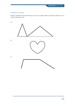 251
Propuesta de evaluación
Realicen, utilizando los datos obtenidos por el sensor, un gráfico similar a las siguientes figuras. Si no es
posible, expliquen por qué.
a)
b)
c)
 