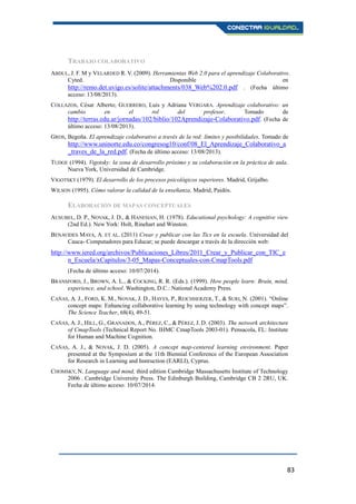 83
TRABAJO COLABORATIVO
ABDUL, J. F. M y VELARDED R. V. (2009). Herramientas Web 2.0 para el aprendizaje Colaborativo.
Cyted. Disponible en
http://remo.det.uvigo.es/solite/attachments/038_Web%202.0.pdf . (Fecha último
acceso: 13/08/2013).
COLLAZOS, César Alberto; GUERRERO, Luis y Adriana VERGARA. Aprendizaje colaborativo: un
cambio en el rol del profesor. Tomado de
http://terras.edu.ar/jornadas/102/biblio/102Aprendizaje-Colaborativo.pdf. (Fecha de
último acceso: 13/08/2013).
GROS, Begoña. El aprendizaje colaborativo a través de la red: límites y posibilidades. Tomado de
http://www.uninorte.edu.co/congresog10/conf/08_El_Aprendizaje_Colaborativo_a
_traves_de_la_red.pdf. (Fecha de último acceso: 13/08/2013).
TUDGE (1994). Vigotsky: la zona de desarrollo próximo y su colaboración en la práctica de aula.
Nueva York, Universidad de Cambridge.
VIGOTSKY (1979). El desarrollo de los procesos psicológicos superiores. Madrid, Grijalbo.
WILSON (1995). Cómo valorar la calidad de la enseñanza. Madrid, Paidós.
ELABORACIÓN DE MAPAS CONCEPTUALES
AUSUBEL, D. P., NOVAK, J. D., & HANESIAN, H. (1978). Educational psychology: A cognitive view
(2nd Ed.). New York: Holt, Rinehart and Winston.
BENAVIDES MAYA, A. ET AL. (2011) Crear y publicar con las Tics en la escuela. Universidad del
Cauca- Computadores para Educar; se puede descargar a través de la dirección web:
http://www.iered.org/archivos/Publicaciones_Libres/2011_Crear_y_Publicar_con_TIC_e
n_Escuela/xCapitulos/3-05_Mapas-Conceptuales-con-CmapTools.pdf
(Fecha de último acceso: 10/07/2014).
BRANSFORD, J., BROWN, A. L., & COCKING, R. R. (Eds.). (1999). How people learn: Brain, mind,
experience, and school. Washington, D.C.: National Academy Press.
CAÑAS, A. J., FORD, K. M., NOVAK, J. D., HAYES, P., REICHHERZER, T., & SURI, N. (2001). “Online
concept maps: Enhancing collaborative learning by using technology with concept maps”.
The Science Teacher, 68(4), 49-51.
CAÑAS, A. J., HILL, G., GRANADOS, A., PÉREZ, C., & PÉREZ, J. D. (2003). The network architecture
of CmapTools (Technical Report No. IHMC CmapTools 2003-01). Pensacola, FL: Institute
for Human and Machine Cognition.
CAÑAS, A. J., & NOVAK, J. D. (2005). A concept map-centered learning environment. Paper
presented at the Symposium at the 11th Biennial Conference of the European Association
for Research in Learning and Instruction (EARLI), Cyprus.
CHOMSKY, N. Language and mind, third edition Cambridge Massachusetts Institute of Technology
2006 . Cambridge University Press. The Edinburgh Building, Cambridge CB 2 2RU, UK.
Fecha de último acceso: 10/07/2014.
 