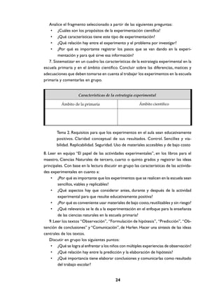 Analice el fragmento seleccionado a partir de las siguientes preguntas:
    • ¿Cuáles son los propósitos de la experimentación científica?
    • ¿Qué características tiene este tipo de experimentación?
    • ¿Qué relación hay entre el experimento y el problema por investigar?
    • ¿Por qué es importante registrar los pasos que se van dando en la experi-
         mentación y para qué sirve esa información?
   7. Sistematizar en un cuadro las características de la estrategia experimental en la
escuela primaria y en el ámbito científico. Concluir sobre las diferencias, matices y
adecuaciones que deben tomarse en cuenta al trabajar los experimentos en la escuela
primaria y comentarlas en grupo.


                     Características de la estrategia experimental

          Ámbito de la primaria                           Ámbito científico




       Tema 2. Requisitos para que los experimentos en el aula sean educativamente
       positivos. Claridad conceptual de sus resultados. Control. Sencillez y via-
       bilidad. Replicabilidad. Seguridad. Uso de materiales accesibles y de bajo costo
8. Leer en equipo “El papel de las actividades experimentales”, en los libros para el
maestro, Ciencias Naturales de tercero, cuarto o quinto grados y registrar las ideas
principales. Con base en la lectura discutir en grupo las características de las activida-
des experimentales en cuanto a:
     • ¿Por qué es importante que los experimentos que se realicen en la escuela sean
         sencillos, viables y replicables?
     • ¿Qué aspectos hay que considerar antes, durante y después de la actividad
         experimental para que resulte educativamente positiva?
     • ¿Por qué es conveniente usar materiales de bajo costo, reutilizables y sin riesgo?
     • ¿Qué relevancia se le da a la experimentación en el enfoque para la enseñanza
         de las ciencias naturales en la escuela primaria?
    9. Leer los textos “Observación”, “Formulación de hipótesis”, “Predicción”, “Ob-
tención de conclusiones” y “Comunicación”, de Harlen. Hacer una síntesis de las ideas
centrales de los textos.
    Discutir en grupo los siguientes puntos:
     • ¿Qué se logra al enfrentar a los niños con múltiples experiencias de observación?
     • ¿Qué relación hay entre la predicción y la elaboración de hipótesis?
     • ¿Qué importancia tiene elaborar conclusiones y comunicarlas como resultado
         del trabajo escolar?


                                           24
 