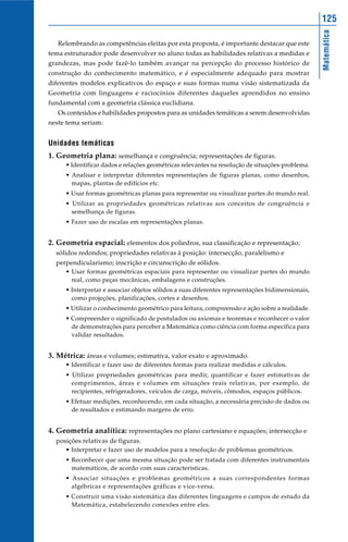 125




                                                                                                 Matemática
   Relembrando as competências eleitas por esta proposta, é importante destacar que este
tema estruturador pode desenvolver no aluno todas as habilidades relativas a medidas e
grandezas, mas pode fazê-lo também avançar na percepção do processo histórico de
construção do conhecimento matemático, e é especialmente adequado para mostrar
diferentes modelos explicativos do espaço e suas formas numa visão sistematizada da
Geometria com linguagens e raciocínios diferentes daqueles aprendidos no ensino
fundamental com a geometria clássica euclidiana.
   Os conteúdos e habilidades propostos para as unidades temáticas a serem desenvolvidas
neste tema seriam:


Unidades temáticas
1. Geometria plana: semelhança e congruência; representações de figuras.
     • Identificar dados e relações geométricas relevantes na resolução de situações-problema.
     • Analisar e interpretar diferentes representações de figuras planas, como desenhos,
       mapas, plantas de edifícios etc.
     • Usar formas geométricas planas para representar ou visualizar partes do mundo real.
     • Utilizar as propriedades geométricas relativas aos conceitos de congruência e
       semelhança de figuras.
     • Fazer uso de escalas em representações planas.


2. Geometria espacial: elementos dos poliedros, sua classificação e representação;
  sólidos redondos; propriedades relativas à posição: intersecção, paralelismo e
  perpendicularismo; inscrição e circunscrição de sólidos.
     • Usar formas geométricas espaciais para representar ou visualizar partes do mundo
       real, como peças mecânicas, embalagens e construções.
     • Interpretar e associar objetos sólidos a suas diferentes representações bidimensionais,
       como projeções, planificações, cortes e desenhos.
     • Utilizar o conhecimento geométrico para leitura, compreensão e ação sobre a realidade.
     • Compreender o significado de postulados ou axiomas e teoremas e reconhecer o valor
       de demonstrações para perceber a Matemática como ciência com forma específica para
       validar resultados.


3. Métrica: áreas e volumes; estimativa, valor exato e aproximado.
     • Identificar e fazer uso de diferentes formas para realizar medidas e cálculos.
     • Utilizar propriedades geométricas para medir, quantificar e fazer estimativas de
       comprimentos, áreas e volumes em situações reais relativas, por exemplo, de
       recipientes, refrigeradores, veículos de carga, móveis, cômodos, espaços públicos.
     • Efetuar medições, reconhecendo, em cada situação, a necessária precisão de dados ou
       de resultados e estimando margens de erro.


4. Geometria analítica: representações no plano cartesiano e equações; intersecção e
  posições relativas de figuras.
     • Interpretar e fazer uso de modelos para a resolução de problemas geométricos.
     • Reconhecer que uma mesma situação pode ser tratada com diferentes instrumentais
       matemáticos, de acordo com suas características.
     • Associar situações e problemas geométricos a suas correspondentes formas
       algébricas e representações gráficas e vice-versa.
     • Construir uma visão sistemática das diferentes linguagens e campos de estudo da
       Matemática, estabelecendo conexões entre eles.
 
