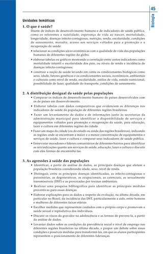 45




                                                                                             Biologia
Unidades temáticas
1. O que é saúde?
    Diante de índices de desenvolvimento humano e de indicadores de saúde pública,
    como os referentes a natalidade, esperança de vida ao nascer, mortalidade,
    longevidade, doenças infecto-contagiosas, nutrição, renda, escolaridade, condições
    de saneamento, moradia, acesso aos serviços voltados para a promoção e a
    recuperação da saúde:
    • relacionar as condições sócio-econômicas com a qualidade de vida das populações
      humanas de diferentes regiões do globo;
    • elaborar tabelas ou gráficos mostrando a correlação entre certos indicadores como
      mortalidade infantil e escolaridade dos pais, ou níveis de renda e incidência de
      doenças infecto-contagiosas;
    • construir a noção de saúde levando em conta os condicionantes biológicos como
      sexo, idade, fatores genéticos e os condicionantes sociais, econômicos, ambientais
      e culturais como nível de renda, escolaridade, estilos de vida, estado nutricional,
      possibilidade de lazer, qualidade do transporte, condições de saneamento.


2. A distribuição desigual da saúde pelas populações
    • Comparar os índices de desenvolvimento humano de países desenvolvidos com
      os de países em desenvolvimento.
    • Elaborar tabelas com dados comparativos que evidenciem as diferenças nos
      indicadores de saúde da população de diferentes regiões brasileiras.
    • Fazer um levantamento de dados e de informações junto às secretarias da
      administração municipal para identificar a disponibilidade de serviços e
      equipamentos voltados para promoção e recuperação da saúde, para educação,
      lazer e cultura em diferentes regiões da cidade.
    • Fazer um mapa da cidade (ou do estado ou ainda das regiões brasileiras), indicando
      as regiões onde se encontram a maior e a menor concentração de equipamentos e
      serviços de saúde, lazer e cultura e comparar seus indicadores de saúde pública.
    • Entrevistar moradores e líderes comunitários de diferentes bairros para identificar
      as reivindicações quanto aos serviços de saúde, educação, lazer e cultura e discutir
      com eles formas de encaminhá-las.


3. As agressões à saúde das populações
    • Identificar, a partir da análise de dados, as principais doenças que afetam a
      população brasileira considerando idade, sexo, nível de renda.
    • Distinguir, entre as principais doenças identificadas, as infecto-contagiosas e
      parasitárias, as degenerativas, as ocupacionais, as carenciais, as sexualmente
      transmissíveis (DST) e as provocadas por toxinas ambientais.
    • Realizar uma pesquisa bibliográfica para identificar as principais medidas
      preventivas para essas doenças.
    • Elaborar explicações para os dados a respeito da evolução, na última década, em
      particular no Brasil, da incidência das DST, particularmente a aids, entre homens
      e mulheres de diferentes faixas etárias.
    • Escolher medidas que representem cuidados com o próprio corpo e promovam a
      saúde sexual e reprodutiva dos indivíduos.
    • Discutir os riscos da gravidez na adolescência e as formas de preveni-la, a partir
      da análise de dados.
    • Levantar dados sobre as condições da previdência social e nível de emprego nas
      diferentes regiões brasileiras na última década, e propor um debate sobre essas
      condições e possíveis medidas para transformá-las, em que os alunos participantes
      representem o posicionamento de diferentes lideranças.
 