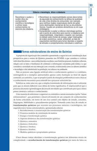 93




                                                                                                      Química
                          Ciência e tecnologia, ética e cidadania

  Reconhecer e avaliar o          • Reconhecer as responsabilidades sociais decorrentes
  caráter ético do                  da aquisição de conhecimento na defesa da qualidade
  conhecimento                      de vida e dos direitos do consumidor; por exemplo,
  científico e tecnológico          para notificar órgãos responsáveis diante de ações
  e utilizar esses                  como destinações impróprias de lixo ou de produtos
  conhecimentos no                  tóxicos, fraudes em produtos alimentícios ou em suas
  exercício da cidadania.           embalagens.
                                  • Compreender e avaliar a ciência e tecnologia química
                                    sob o ponto de vista ético para exercer a cidadania com
                                    responsabilidade, integridade e respeito; por exemplo,
                                    no debate sobre fontes de energia, julgar implicações
                                    de ordem econômica, social, ambiental, ao lado de
                                    argumentos científicos para tomar decisões a respeito
                                    de atitudes e comportamentos individuais e coletivos.



           Temas estruturadores do ensino de Química
   A proposta de organização dos conteúdos apresentada a seguir leva em consideração duas
perspectivas para o ensino de Química presentes nos PCNEM: a que considera a vivência
individual dos alunos – seus conhecimentos escolares, suas histórias pessoais, tradições culturais,
relação com os fatos e fenômenos do cotidiano e informações veiculadas pela mídia; e a que
considera a sociedade em sua interação com o mundo, evidenciando como os saberes científico
e tecnológico vêm interferindo na produção, na cultura e no ambiente.
   Não se procura uma ligação artificial entre o conhecimento químico e o cotidiano,
restringindo-se a exemplos apresentados apenas como ilustração ao final de algum
conteúdo; ao contrário, o que se propõe é partir de situações problemáticas reais e buscar
o conhecimento necessário para entendê-las e procurar solucioná-las.
   Enfatiza-se, mais uma vez, que a simples transmissão de informações não é suficiente
para que os alunos elaborem suas idéias de forma significativa. É imprescindível que o
processo de ensino-aprendizagem decorra de atividades que contribuam para que o aluno
possa construir e utilizar o conhecimento.
   Uma maneira de selecionar e organizar os conteúdos a serem ensinados é pelos “temas
estruturadores”, que permitem o desenvolvimento de um conjunto de conhecimentos
de forma articulada, em torno de um eixo central com objetos de estudo, conceitos,
linguagens, habilidades e procedimentos próprios. Tomando como foco de estudo as
transformações químicas que ocorrem nos processos naturais e tecnológicos, são
sugeridos nove temas estruturadores, apresentados abaixo:
      1. Reconhecimento e caracterização das transformações químicas
      2. Primeiros modelos de constituição da matéria
      3. Energia e transformação química
      4. Aspectos dinâmicos das transformações químicas
      5. Química e atmosfera
      6. Química e hidrosfera
      7. Química e litosfera
      8. Química e biosfera
      9. Modelos quânticos e propriedades químicas


   Cinco desses temas abordam a transformação química em diferentes níveis de
complexidade: o reconhecimento de transformações químicas por meio de fatos ou
 
