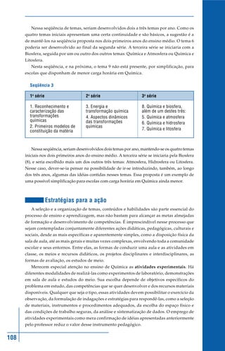 108
Nessa seqüência de temas, seriam desenvolvidos dois a três temas por ano. Como os
quatro temas iniciais apresentam uma certa continuidade e são básicos, a sugestão é a
de mantê-los na seqüência proposta nos dois primeiros anos do ensino médio. O tema 6
poderia ser desenvolvido ao final da segunda série. A terceira série se iniciaria com a
Biosfera, seguida por um ou outro dos outros temas: Química e Atmosfera ou Química e
Litosfera.
Nesta seqüência, e na próxima, o tema 9 não está presente, por simplificação, para
escolas que disponham de menor carga horária em Química.
Seqüência 3
1a
série
1. Reconhecimento e
caracterização das
transformações
químicas
2. Primeiros modelos de
constituição da matéria
2a
série
3. Energia e
transformação química
4. Aspectos dinâmicos
das transformações
químicas
3a
série
8. Química e biosfera,
além de um destes três:
5. Química e atmosfera
6. Química e hidrosfera
7. Química e litosfera
Nessa seqüência, seriam desenvolvidos dois temas por ano, mantendo-se os quatro temas
iniciais nos dois primeiros anos do ensino médio. A terceira série se iniciaria pela Biosfera
(8), e seria escolhido mais um dos outros três temas: Atmosfera, Hidrosfera ou Litosfera.
Nesse caso, dever-se-ia pensar na possibilidade de ir-se introduzindo, também, ao longo
dos três anos, algumas das idéias contidas nesses temas. Essa proposta é um exemplo de
uma possível simplificação para escolas com carga horária em Química ainda menor.
Estratégias para a ação
A seleção e a organização de temas, conteúdos e habilidades são parte essencial do
processo de ensino e aprendizagem, mas não bastam para alcançar as metas almejadas
de formação e desenvolvimento de competências. É imprescindível nesse processo que
sejam contempladas conjuntamente diferentes ações didáticas, pedagógicas, culturais e
sociais, desde as mais específicas e aparentemente simples, como a disposição física da
sala de aula, até as mais gerais e muitas vezes complexas, envolvendo toda a comunidade
escolar e seus entornos. Entre elas, as formas de conduzir uma aula e as atividades em
classe, os meios e recursos didáticos, os projetos disciplinares e interdisciplinares, as
formas de avaliação, os estudos de meio.
Merecem especial atenção no ensino de Química as atividades experimentais. Há
diferentes modalidades de realizá-las como experimentos de laboratório, demonstrações
em sala de aula e estudos do meio. Sua escolha depende de objetivos específicos do
problema em estudo, das competências que se quer desenvolver e dos recursos materiais
disponíveis. Qualquer que seja o tipo, essas atividades devem possibilitar o exercício da
observação, da formulação de indagações e estratégias para respondê-las, como a seleção
de materiais, instrumentos e procedimentos adequados, da escolha do espaço físico e
das condições de trabalho seguras, da análise e sistematização de dados. O emprego de
atividades experimentais como mera confirmação de idéias apresentadas anteriormente
pelo professor reduz o valor desse instrumento pedagógico.
 